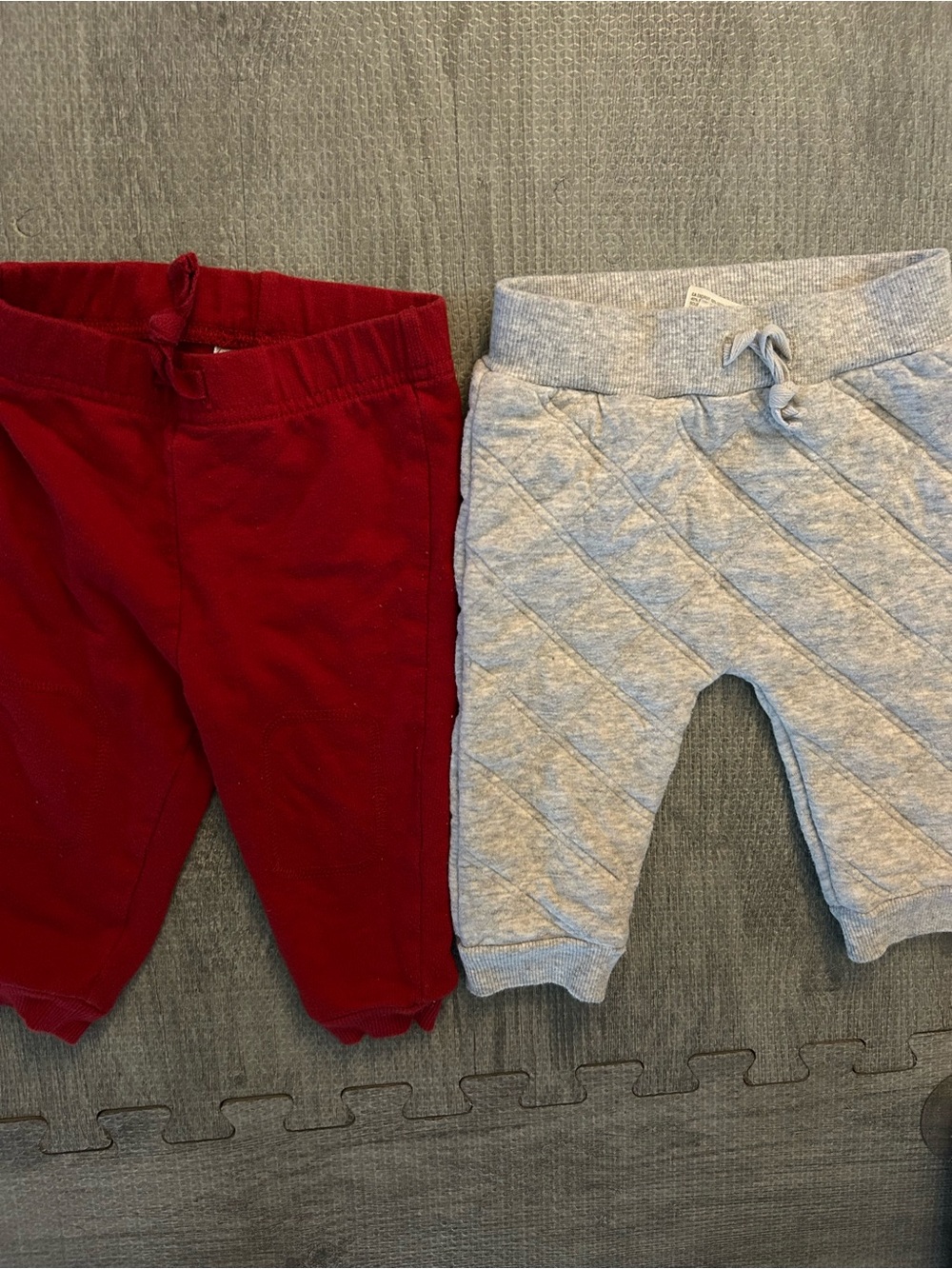 Set of 2 Baby sweat pants.  Quilted Gray Joggers and Red Knit Pants